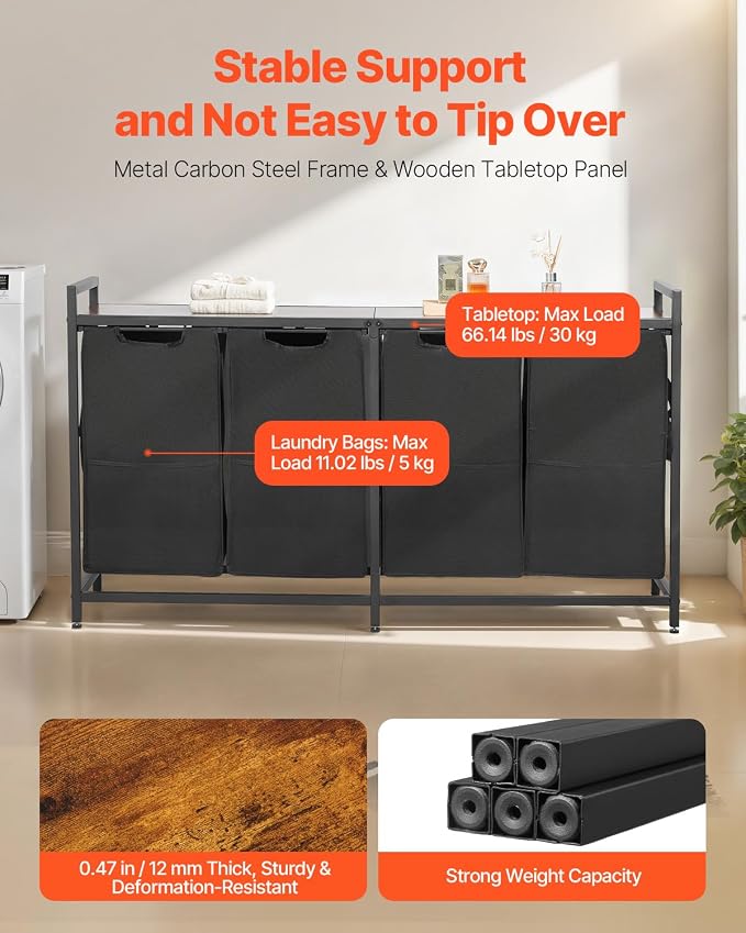 VEVOR 4 Section Laundry Sorter, Large Laundry Hamper with Metal Frame and Wooden Tabletop, Freestanding Storage Organizer Baskets with Pull-Out 600D Oxford Cloth Bags for Dirty Clothes, Bathroom