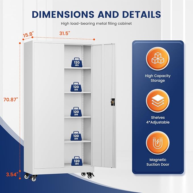 Metal Garage Storage Cabinet with Locking Doors and Adjustable Shelves,- 75" Rolling Steel Tool Cabinet for Home Office,Garage,Warehouse