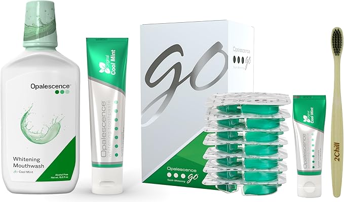 Opalescence Go Teeth Whitening Kit 15% Hydrogen Peroxide 7 Treatments with Original Toothpaste 4.7 oz and 1 oz Travel Size Plus Alcohol Free Mouthwash and Toothbrush 5166-5447-6238T