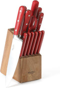 MARTHA STEWART Eastwalk 14 Piece High Carbon Staineless Steel Cutlery Knife Block Set w/ABS Triple Riveted Forged Handle Acacia Wood Block - Red