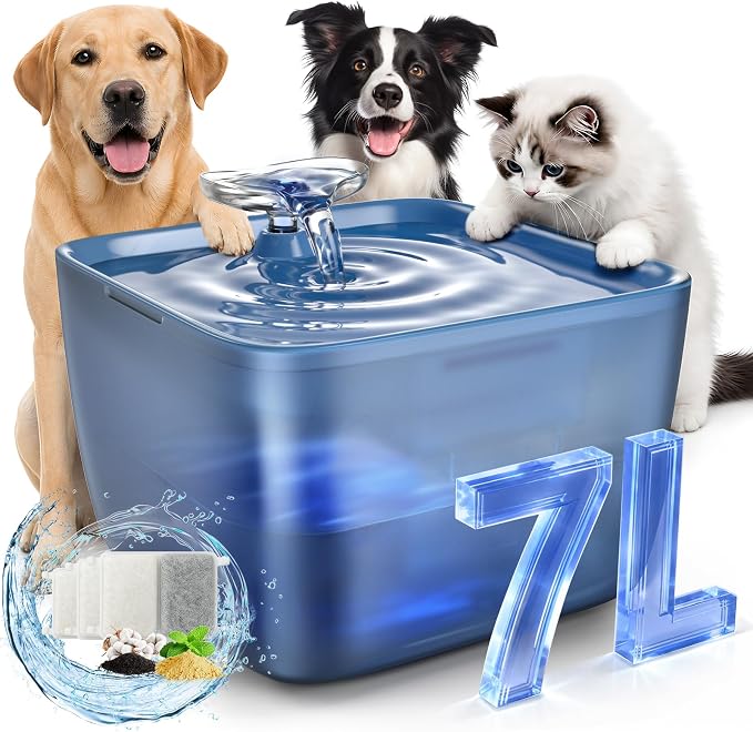 Pet Water Fountain for Large Dogs & Cats, 7L/1.84Gal, Quiet Automatic Pump | Large dog water bowl dispenser for multi-pet households, easy to clean, recirculating system, visible water level, no spill