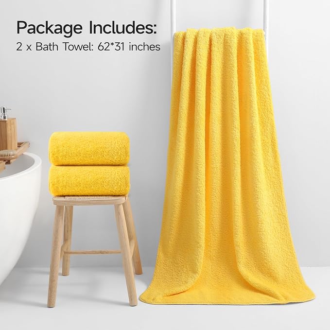 REDKISS 2 Piece Luxury Bath Towel Set - 31x62 inch Oversized Thick Bath Sheets, 100% Cotton, 900 GSM, Super Soft, Highly Absorbent, Quick Dry Large Shower Towels for Bathroom, Pool, Gym, Spa, Yellow