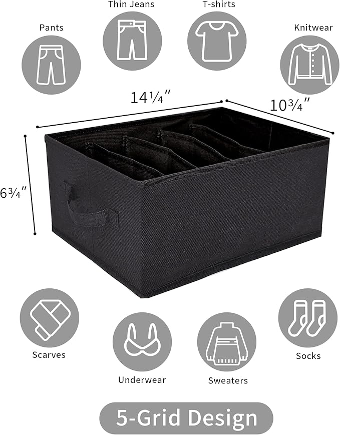 GRANNY SAYS 5-Grid Drawer Organizer: Storage Bins for T-Shirts, Pants, Sweaters & Scarves - Black Clothes Storage & Divider Sets (4-Pack)