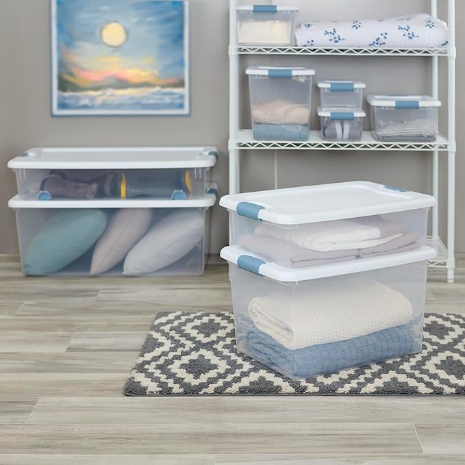Sterilite 48-Pack Latching Box, Under Bed Storage Bins with Lids, Clear Plastic, 15 Quart - Heavy-Duty Organizing Containers for Closet, Bathroom, and Office