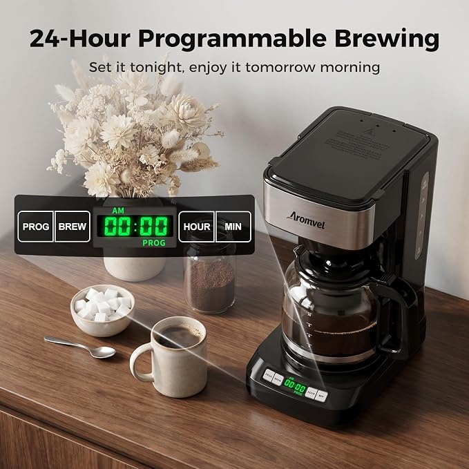 12 Cup Programmable Coffee Maker, Drip Coffee Machine with Glass Carafe & Reusable Filter, Measuring Spoon, 24-Hour Delay Brew, 4-Hour Auto Keep Warm, Large 1.8L Water Tank, Silver