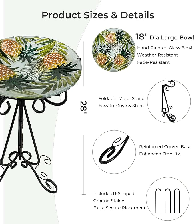 Large Glass Bird Bath with Metal Stand, Pineapple | 18" Wide Bowl, 3.2" Bathing Depth, Thick Glass Construction, Stable 3-Leg Base, Easy Clean Surface, Garden Decor