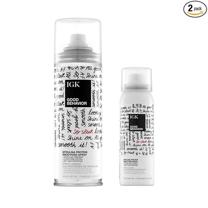 IGK GOOD BEHAVIOR Spirulina Protein Smoothing Spray Travel Bundle | Keratin Like Treatment + Frizz Control + Heat Protectant | Vegan + Cruelty Free | (5.6 Oz + 2.4 Oz)