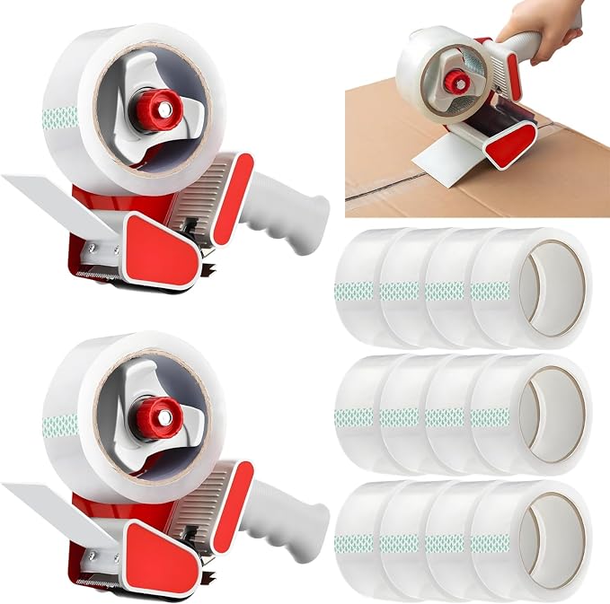 2 PCS Tape Gun for Packing Boxes, Includes 12 Rolls Clear Tape, 2 in Heavy Duty Tape Dispenser Gun Set for Shipping, Moving, Storage, Carton Box Sealing, Ergonomic Grip with Adjustable Pulling Force