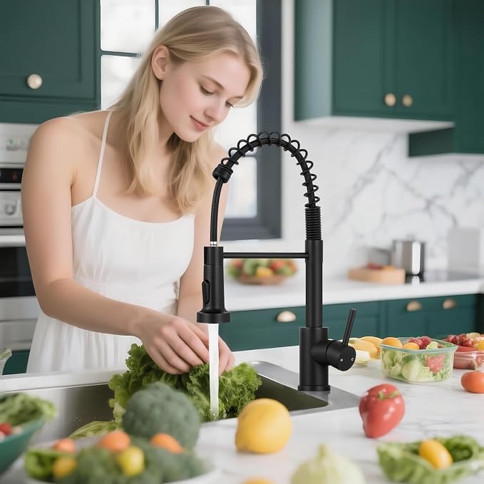 Kitchen Faucet with Pull Down Sprayer Matte Black | 2-mode sprayer, 360° high arc spout, 304 SS build, drip-free valve, fingerprint-resistant, DIY install, NSF certified