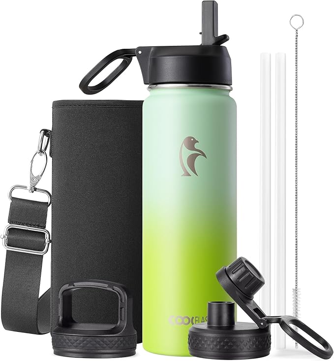 Coolflask Water Bottle 24 oz Insulated with Straw, Stainless Steel Metal 3 Lids Water Flask Wide Mouth for Sports or Office, Non-BPA Keep Cold Up to 48 Hrs or Hot Up to 24 Hrs, Ombre Green