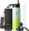Coolflask Water Bottle 24 oz Insulated with Straw, Stainless Steel Metal 3 Lids Water Flask Wide Mouth for Sports or Office, Non-BPA Keep Cold Up to 48 Hrs or Hot Up to 24 Hrs, Ombre Green