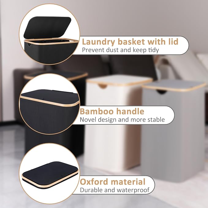 iEGrow 150L Laundry Basket with Lid,Large Laundry Hamper with Bamboo Handles, Hampers for Laundry, Dirty Clothes Hamper with 2 Removable Inner Bags for Clothes Towels,Black