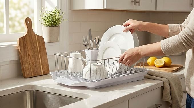 Farberware Classic Large Rust Resistant Full Dishrack with Removable 3 Compartment Flatware Caddy, Andlged Drain Board, 3-Piece, White