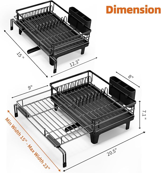 Urackify Expandable Sink Dish Drying Rack for Kitchen Counter, 1-Tier Black | Large Dish Racks, Sink Dish Drainer, Rustproof Dish Strainer with Utensil Holder, 12.3"-20.5" L x 15"W