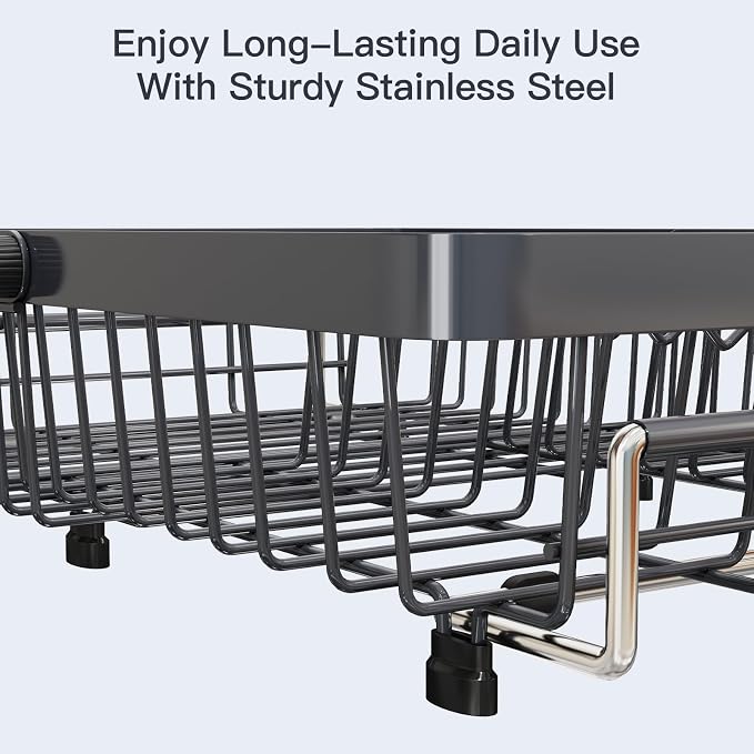 Grey Dish Drying Rack Over The Sink with Utensil Holder, Mat | Expandable Stainless Steel Dish Drainer for Small Kitchen, Apartment, RV, Counter Space Saving, Perfect Fit, Rustproof