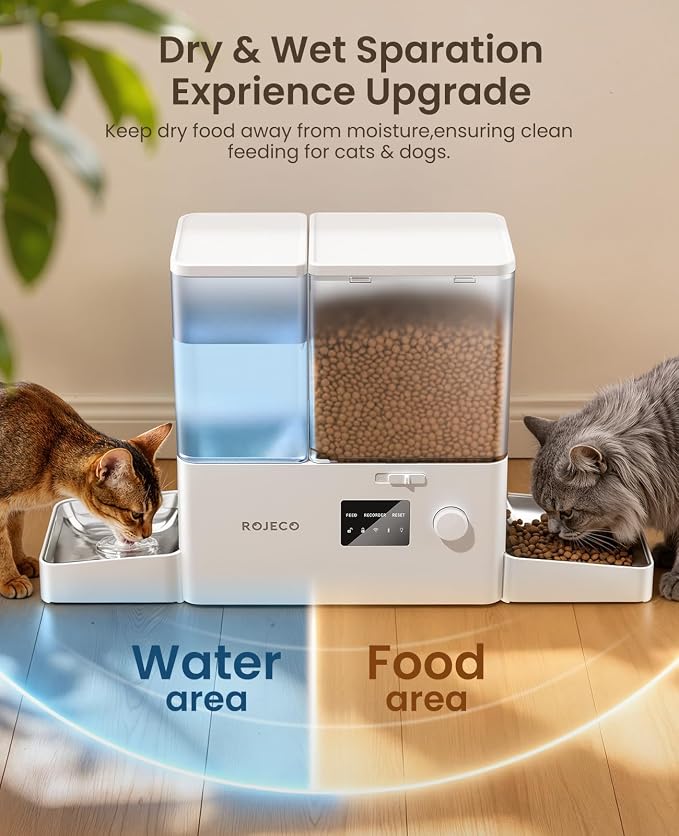 2-in-1 Automatic Cat Feeder & Water Dispenser,WiFi Control Feeding | 2.4G WiFi APP/Timed Feeding/5L Food Feeder,3.5L Water Fountain/Stainless Steel Bowls/Detachable Clean/White