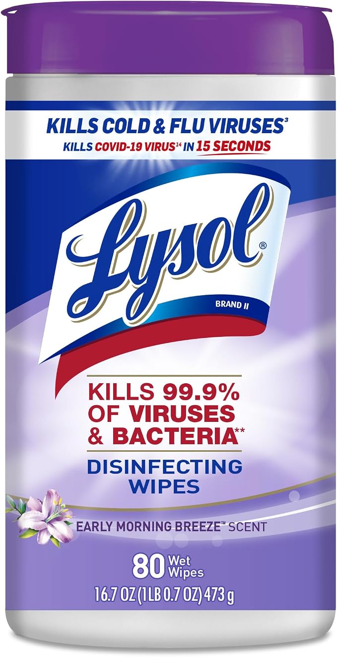 LYSOL Disinfecting Wipes, All Purpose Cleaner, Multi-Surface Antibacterial Cleaning Wipes, Household Cleaning Supplies, Dorm Essentials, Early Morning Breeze Scent, 80 ct.