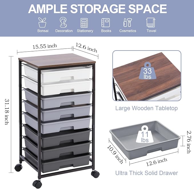 SYKIARIOL Rolling Cart with Drawers,Utility Cart With 8 Drawers and Wooden Tabletop for Living Room,Classroom,Bedroom,Bathroom,Dorm,Office,Dark Grey