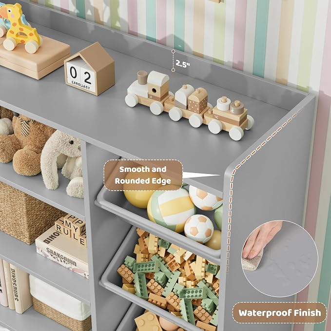 HITHOS 55" W Kids Toy Storage Organizer with 10 Toy Box & Book Shelf, Gray | Large Toy Organizers and Storage with Kids Bookshelf & 6 Plastic Toy Chests & 4 Movable Drawers for Kids Room, Playroom