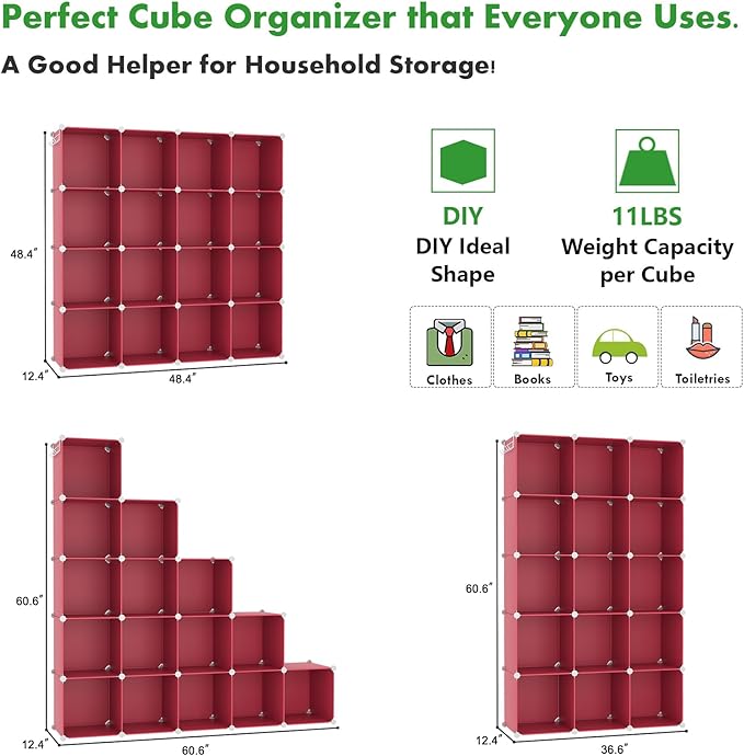 C&AHOME 16 Cube Storage Organizer Cube Shelves Units Storage Cubes, Red | Plastic DIY Closet Organizer, Stackble Modular Closet Storage Shelves Ideal for Home, Bedroom, 48.4" L × 12.4" W × 48.4" H
