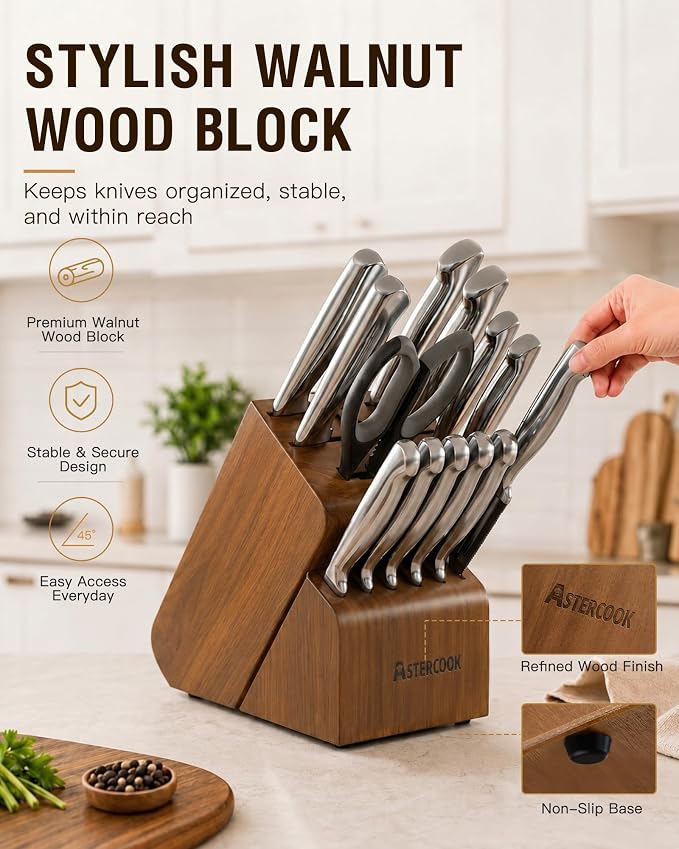 Astercook Knife Set, 15 Piece German Steel Kitchen Knife Set with Built-in Sharpener, One-Piece Knife Block Set Rust-Resistant Dishwasher Safe Block Knives Set for Cooking & Gift (Walnut Brown) | Wooden Block with Built-in Sharpener, One-Piece Design, ...