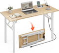 XBurmo Small Folding Desk Folding Table, No Assembly Foldable Desk Gaming Desk, 43.3-Inch Computer Table Workstation with 2 AC Outlets and 2 USB Ports for Bedroom and Home Office, Light Maple