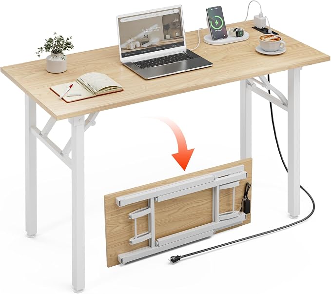 XBurmo Small Folding Desk Folding Table, No Assembly Foldable Desk Gaming Desk, 43.3-Inch Computer Table Workstation with 2 AC Outlets and 2 USB Ports for Bedroom and Home Office, Light Maple