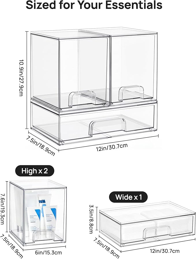 Vtopmart Stackable Storage Drawers Set of 3, Clear Plastic Organizer Bins for Bathroom Supplies, Ideal for Cabinet,Shelf, Pantry, Laundry Room Organization