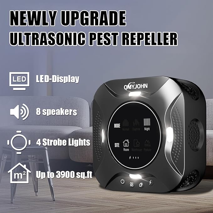 Indoor Ultrasonic Pest Repeller Plug-in,with a Display Screen & LED Strobe Light,Effectively Repels Mice,Squirrels,roaches & Other Rodents Up to 3900 Sq.Ft.Suitable for attics,garages,etc.