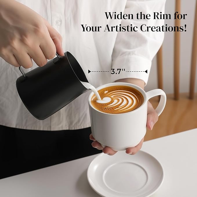 DOWAN 12oz Coffee Mugs, Cappuccino Cup and Saucer Set of 4, White Ceramic Coffee Cups for Latte/Tea/Milk, Tea Cups for Use in Office, Home and Cafes, Microwave Safe