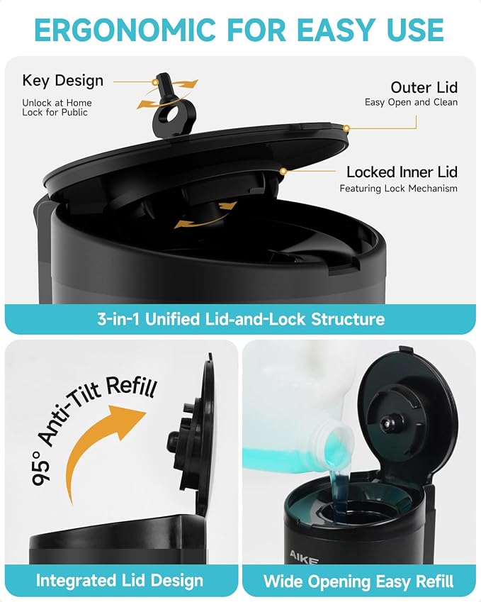 AIKE Automatic Liquid Soap Dispenser,25oz Capacity for Bathroom,Matteblack | No-Drill and Screw Wall Mount Install Design for Space-Saving,4*AA batteries(Not Included) Ensure Long Standby,Model AK1205E