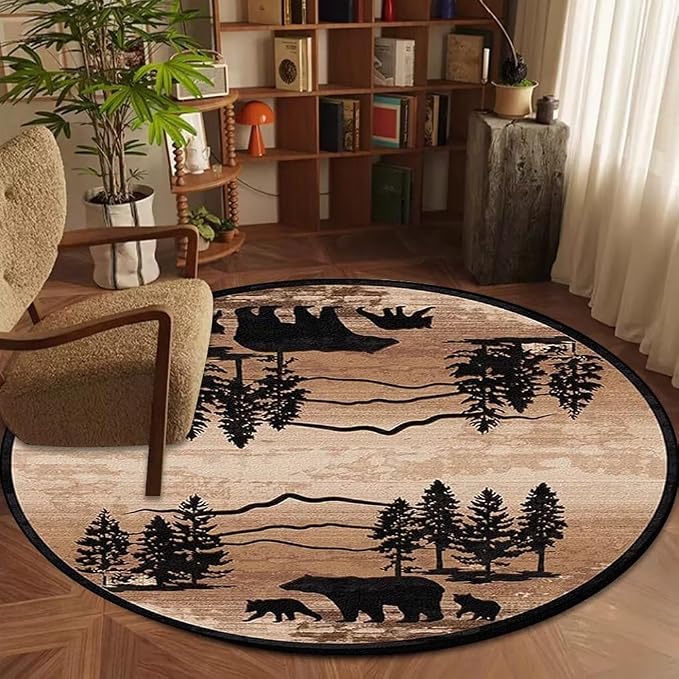Retro Cabin House Bear Rustic Round Rug for Nursery Room Vintage Desert Print Carpet Apartment Decor Empire Bear Floor Mat 6ft