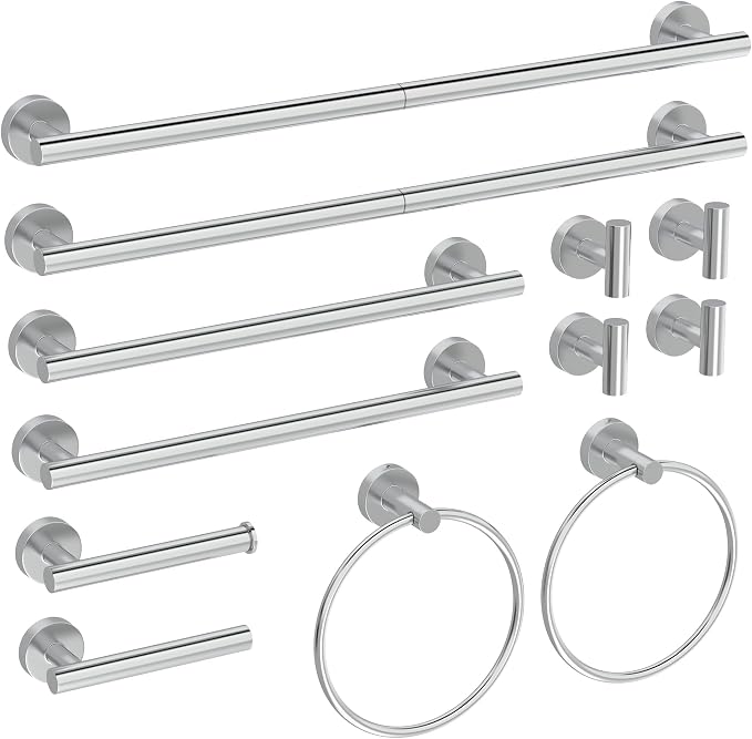 12 Pcs Chrome Bathroom Accessories Set, HOMEMYSTIQUE SUS304 Stainless Steel Bathroom Hardware Set, Bath Towel Bar Set, Toilet Paper Holders, Towel Rings Racks, Robe Towel Hooks