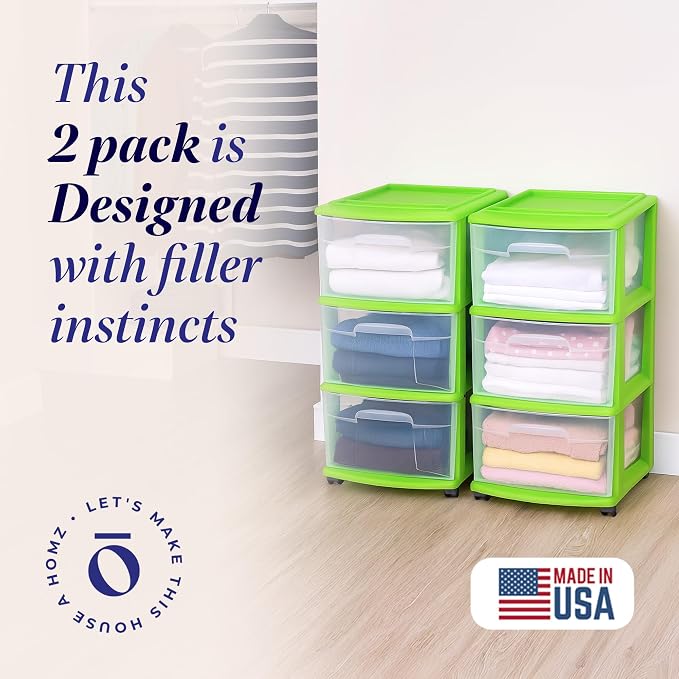 HOMZ 2-Pack Drawer Tower, 3-Tier Clear Plastic Storage Organizer Cart, Bold Lime Frame - Organizing Containers with Wheels for Home, Bathroom, Bedroom, Office, and Classroom