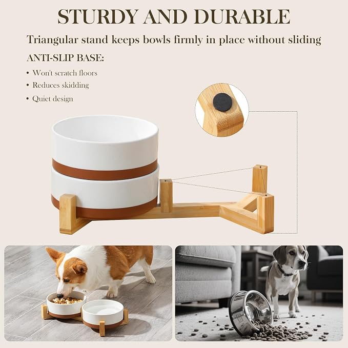MALACASA Ceramic Dog Bowls Set with Wood Stand, 3.5 Cups Pet Bowls for Medium Dogs with Non-Slip Base, Large Puppies, Cats, Retrievers, ect.Pet Food & Water Basic Bowls Set, Weighted Glaze Matte.34 OZ