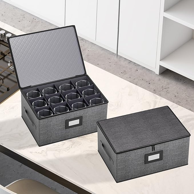 2-Pack Wine Glass Storage Box with Dividers, Hard Shell Stemware Storage | Holds 24 Crystal Glasses & Drinkware, Quilted, Dual Zippers, Reinforced Handles, Stackable, Moving and Seasonal Storage, Grey
