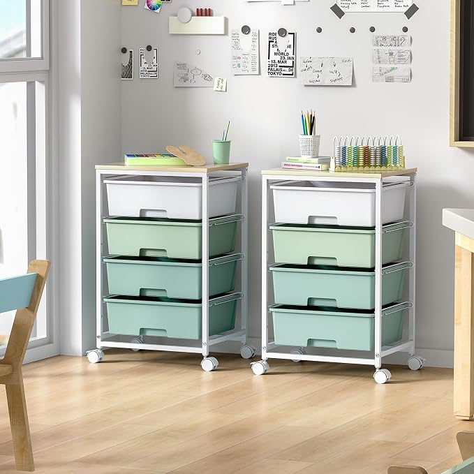 SYKIARIOL Utility Cart with 4 Drawers,Rolling Storage Cart with Drawers,Storage Rolling Drawer Cart with Wooden Tabletop for Bedroom,Kid's Room,Dorm,Classroom,Office,Green