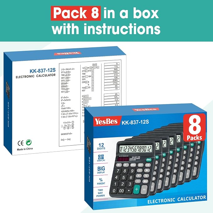 8 Pack Calculator Bulk, 12 Digits Calculators Desktop with Large LCD Display and Sensitive Butto, Solar and Battery Dual Power, Desk Calculator for Office, School, Home