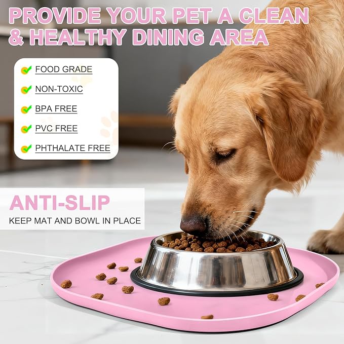 SMILOOL Waterproof Silicone Pet Food Mat with Raised Edge for Dog & Cat | 12" x 12" Non-Slip Small Pet Feeding Mats with Lip for Food & Water Bowl, Food Grade, Easy Cleaning, Pink