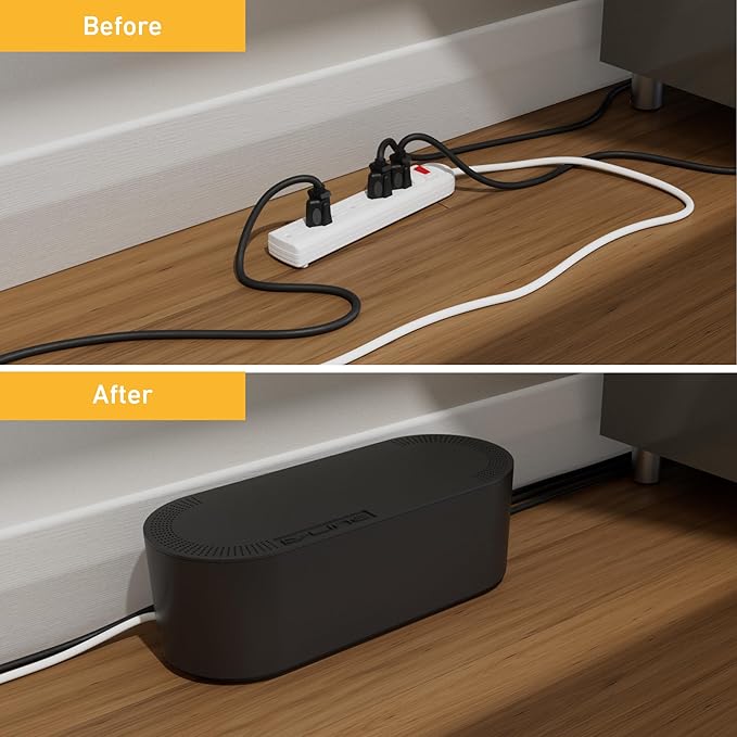 D-Line Cable Management Box with 6 AC Outlet 6ft Power Strip, Hide Extension Cords and Excess Wire Clutter, 12.75in (L) x 5in (H) x 4.5in (W) - Small, Black