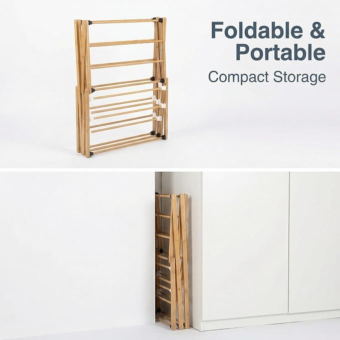 FJO Foldable Bamboo Clothes Drying Rack, 3-Tier Collapsible Laundry Clothes Hanger, Portable Wooden Drying Rack, Space Saving Indoor Outdoor, 28'' D x 15'' W x 39.3'' H, Beige