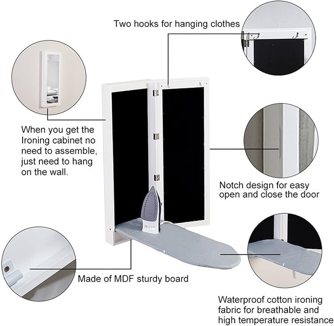 Slim Wall Mounted Ironing Board Cabinet with Mirrored Door, White | 4.3''W|Clothing Hook|Just 15 Minutes to Assemble|Foldable Ironing Board|High-Temperature Resistant Materials