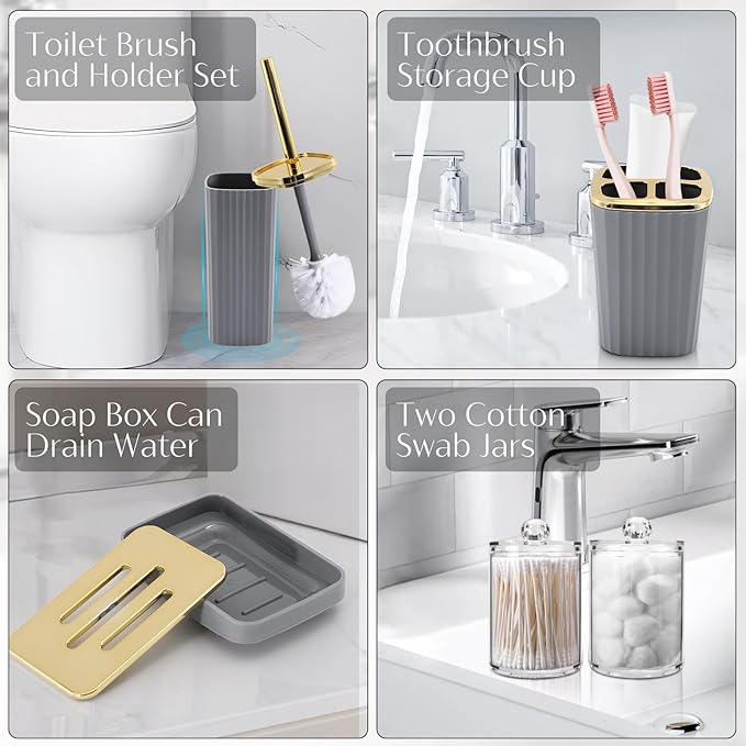 17PCS Bathroom Accessories Set, Gray Bathroom Set Bathroom Accessories Set with Trash Can, Toilet Brush, Toothbrush Holder, Qtip Holder & 3PCS Soap Dispenser