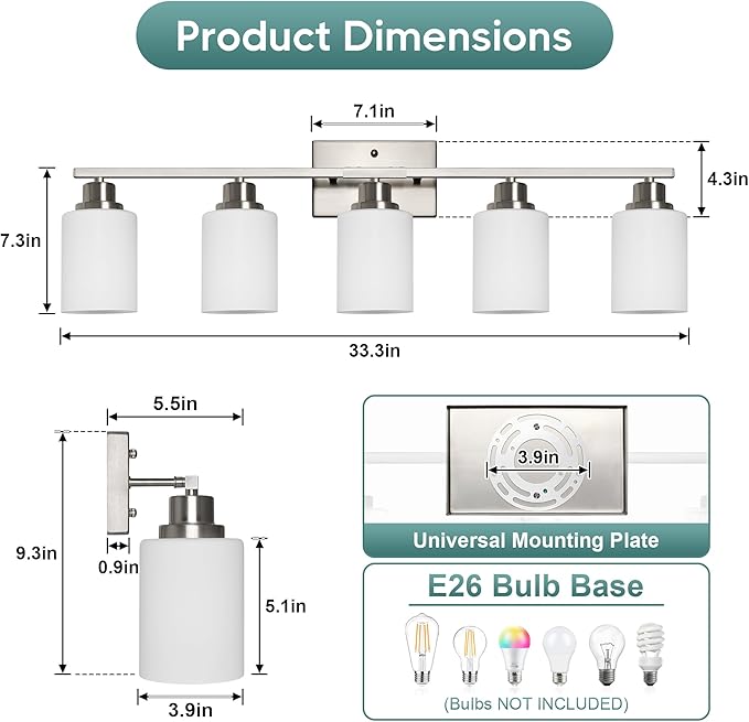 Ascher Bathroom Light Fixtures, 5-Light Vanity Light Over Mirror, Brushed Nickel Wall Sconces with Milky White Frosted Glass Shades, Wall Lamp for Living Room Bedroom, E26 Base(Bulbs Not Included)