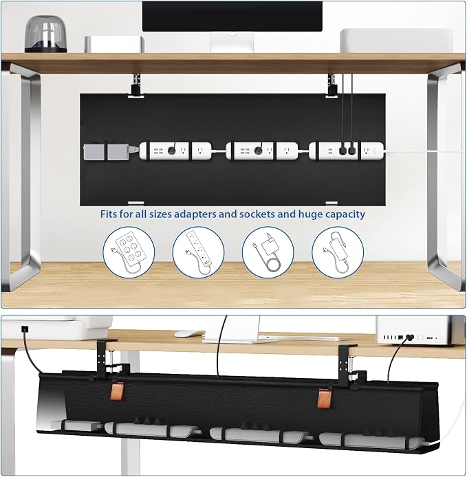 Zilink No Drill Under Desk Cable Management Tray 40" Cord Organizer for Table Clamp/Screw Mount Cable Management Under Desk Waterproof Fabric Cable Management Tray for Office, Home