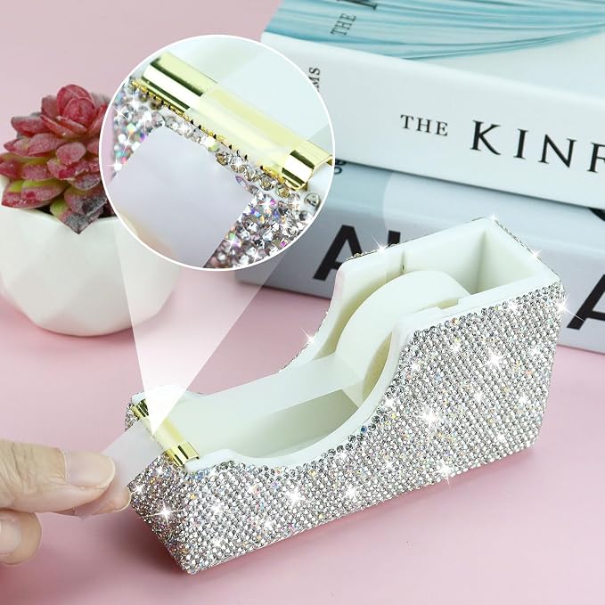 Buqoo 2 PCS Bling Crystal Handmade Diamond Sticky Note Holder and Tape Dispenser Office Supplies Dazzling Rhinestone Bling Desk Accessories for Women Office (Silver)