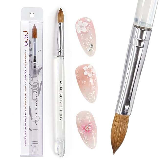 PANA Pure Kolinsky Hair Acrylic Nail Brush - Oval Crimped Shape Silver Ferrule with Clear Acrylic Handle (Size 14)