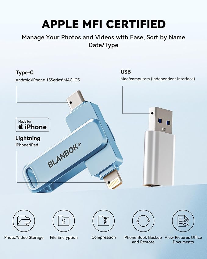 MFi Certified 256GB iPhone Photo Stick, High-Speed USB Flash Drive Memory Storage for Video Backup, Compatible for iPhone/iPad/Android/PC (Blue)