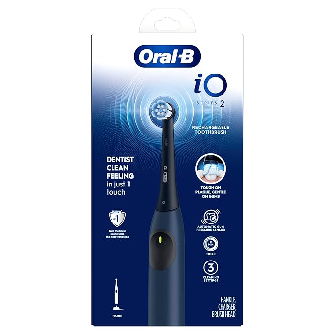 Oral-B Rechargeable Electric Toothbrush, iO2, 3 Cleaning Modes, Automatic Pressure Sensor to Protect Gums, Dark Blue