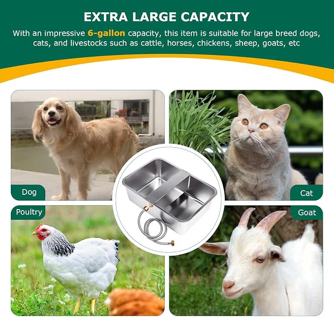 6 Gal Automatic Dog Water Bowl Dispenser Stainless Steel Dog Waterer for Large Breed Dogs, Outdoor Extra Large Bowl for Cats Pets Livestock Chicken